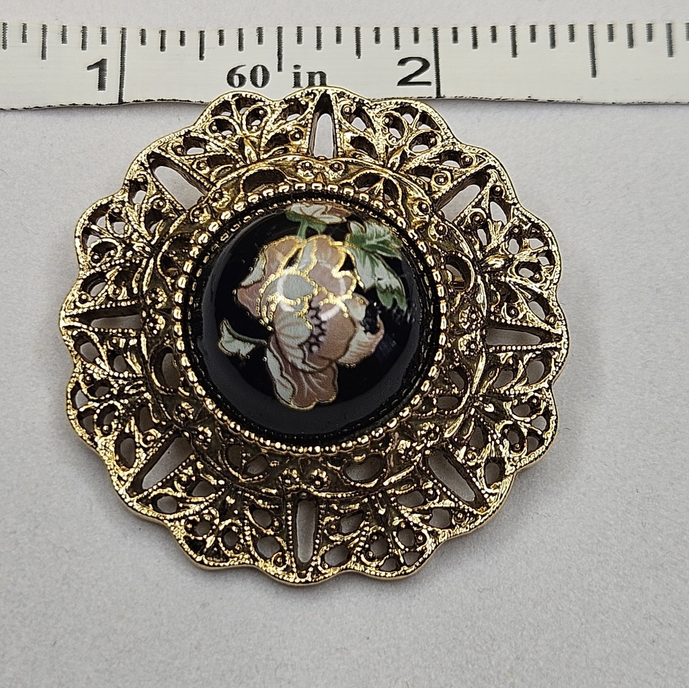 COPY - VINTAGE 1980'S BLACK ROUND DOMED ENAMEL CABOCHON FLOWER PIN BROOCH BY 19…
